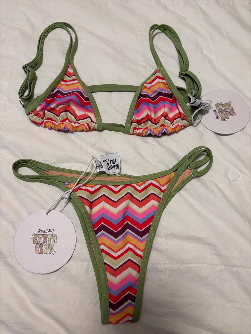 Princess Polly Multicolor Chevron Triangle Bikini with Olive Trim~ New